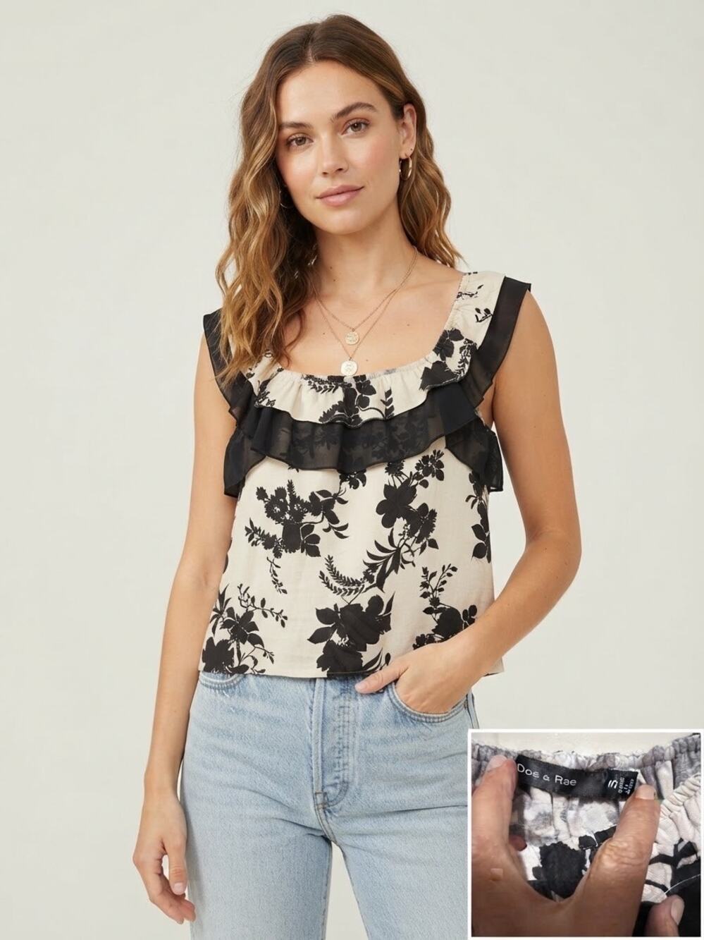 Doe & Rae Black White Floral Ruffle Square Neck Tank Top NWOT Small